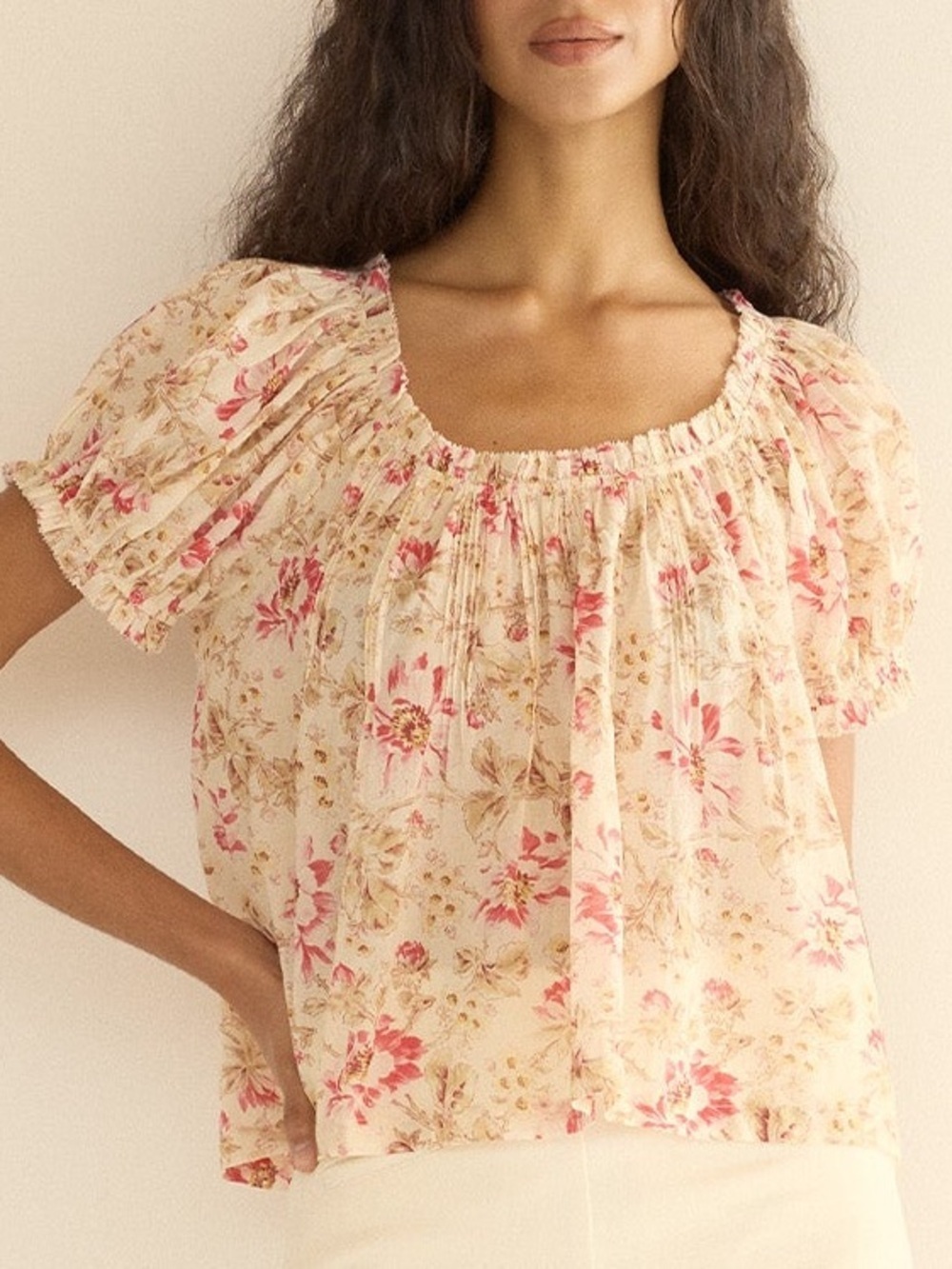 Doen Frederica Cotton Voile Pintuck Ruffle Short Sleeve Top Fleurs De Provence